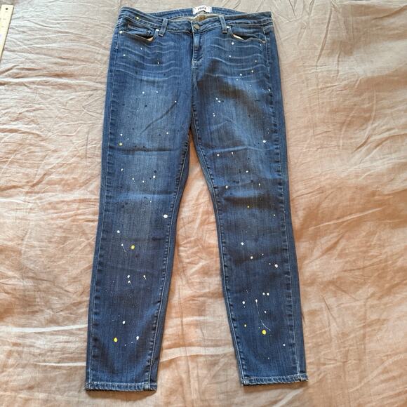 Paige Women's Skinny Ankle Paint Splatter Dark Wash 32x27 - Picture 2 of 12